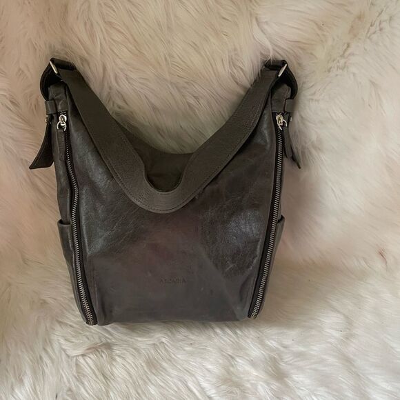 Arcadia gray Italian soft leather shoulder bag with extended silver tone… - Picture 1 of 16